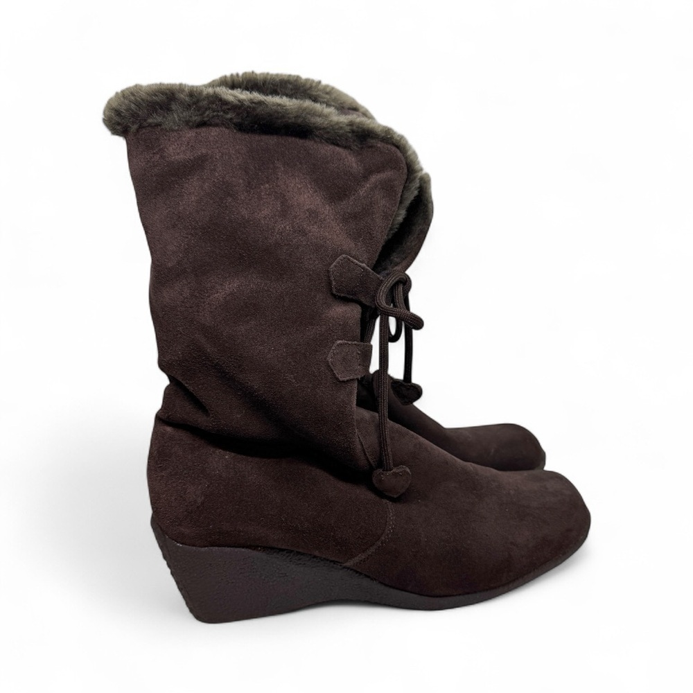 London Fog Brown Suede Faux Fur Wedge Boots